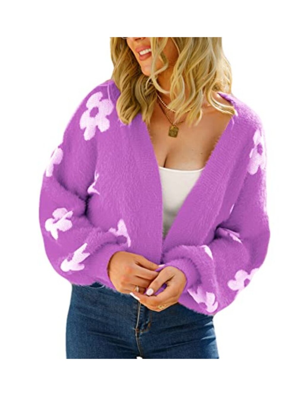 Women Long Sleeve Open Front Cardigan Floral Print Knitted Sweater